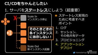 #awsstartup
CI/CDをちゃんとしたい
1. サーバをステートレスにしよう（超重要）
☓
Scale Out
新インスタンス起動
Scale In
インスタンス停止
そのときどきの
各インスタンス
に依存しない！
ステートレス実現の
ために考慮すべき
ポイント
1. ログ
2. セッション、
その他共有データ
3. プロビジョニング
4. アプリケーション
デプロイ
 