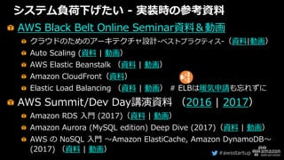 #awsstartup
システム負荷下げたい - 実装時の参考資料
AWS Black Belt Online Seminar資料＆動画
クラウドのためのアーキテクチャ設計-ベストプラクティス-（資料|動画）
Auto Scaling (資料 | 動画）
AWS Elastic Beanstalk （資料 | 動画）
Amazon CloudFront（資料）
Elastic Load Balancing （資料 | 動画） # ELBは暖気申請も忘れずに
AWS Summit/Dev Day講演資料 （2016 | 2017）
Amazon RDS 入門 (2017)（資料 | 動画）
Amazon Aurora (MySQL edition) Deep Dive (2017)（資料 | 動画）
AWS の NoSQL 入門 〜Amazon ElastiCache, Amazon DynamoDB〜
(2017) （資料 | 動画）
 