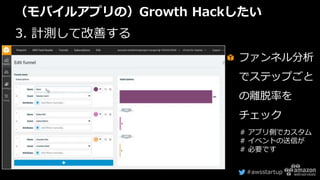 #awsstartup
（モバイルアプリの）Growth Hackしたい
3. 計測して改善する
ファンネル分析
でステップごと
の離脱率を
チェック
# アプリ側でカスタム
# イベントの送信が
# 必要です
 