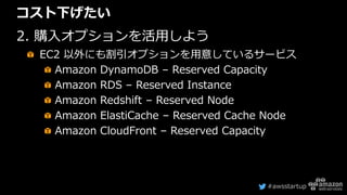 #awsstartup
コスト下げたい
2. 購入オプションを活用しよう
EC2 以外にも割引オプションを用意しているサービス
Amazon DynamoDB – Reserved Capacity
Amazon RDS – Reserved Instance
Amazon Redshift – Reserved Node
Amazon ElastiCache – Reserved Cache Node
Amazon CloudFront – Reserved Capacity
 