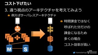 #awsstartup
コスト下げたい
3. 違う視点のアーキテクチャを考えてみよう
例えばサーバレスアーキテクチャ
時間課金ではなく
呼ばれた分だけの
課金になるため
多くの場合
コスト効率が高い
 