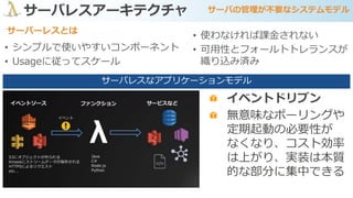 サーバレスアーキテクチャ サーバの管理が不要なシステムモデル
サーバーレスとは
• シンプルで使いやすいコンポーネント
• Usageに従ってスケール
• 使わなければ課金されない
• 可用性とフォールトトレランスが
織り込み済み
サーバレスなアプリケーションモデル
イベントドリブン
無意味なポーリングや
定期起動の必要性が
なくなり、コスト効率
は上がり、実装は本質
的な部分に集中できる
 