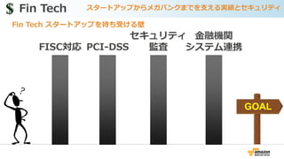 Fin Tech スタートアップからメガバンクまでを支える実績とセキュリティ$$
Fin Tech スタートアップを待ち受ける壁
FISC対応 PCI-DSS
セキュリティ
監査
金融機関
システム連携
GOALGOAL
 