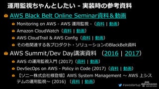 #awsstartup
運用監視ちゃんとしたい - 実装時の参考資料
AWS Black Belt Online Seminar資料＆動画
Monitoring on AWS - AWS 運用監視 -（資料 | 動画）
Amazon CloudWatch（資料 | 動画）
AWS CloudTrail & AWS Config（資料 | 動画）
その他関連する各プロダクト・ソリューションのBlackBelt資料
AWS Summit/Dev Day講演資料 （2016 | 2017）
AWS の運用監視入門 (2017)（資料 | 動画）
DevSecOps on AWS - Policy in Code (2017)（資料 | 動画）
【ソニー株式会社様登壇】AWS System Management 〜 AWS 上シス
テムの運用監視〜 (2016) （資料 | 動画）
 