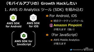 #awsstartup
（モバイルアプリの）Growth Hackしたい
1. AWS の Analytics ツール (SDK) を組み込む
For Android, iOS
統合マーケティングツール
Amazon Pinpoint
が使えます（強い）
（For JavaScript）
AWS Mobile Analytics
が使えます
AWS SDK
for Android
AWS SDK
for iOS
AWS SDK for
JavaScript
 