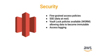 Security
● Fine-grained access policies
● SSE (data at rest)
● Vault Lock policies available (WORM)
allowing data to become immutable
● Access logging
 