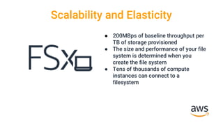 Scalability and Elasticity
● 200MBps of baseline throughput per
TB of storage provisioned
● The size and performance of your file
system is determined when you
create the file system
● Tens of thousands of compute
instances can connect to a
filesystem
 