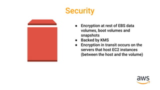 Security
● Encryption at rest of EBS data
volumes, boot volumes and
snapshots
● Backed by KMS
● Encryption in transit occurs on the
servers that host EC2 instances
(between the host and the volume)
 