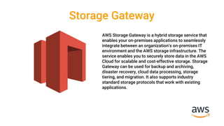 Storage Gateway
AWS Storage Gateway is a hybrid storage service that
enables your on-premises applications to seamlessly
integrate between an organization’s on-premises IT
environment and the AWS storage infrastructure. The
service enables you to securely store data in the AWS
Cloud for scalable and cost-effective storage. Storage
Gateway can be used for backup and archiving,
disaster recovery, cloud data processing, storage
tiering, and migration. It also supports industry
standard storage protocols that work with existing
applications.
 