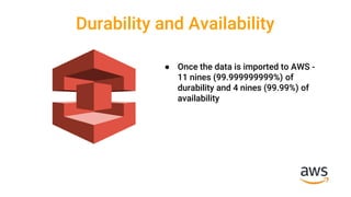 Durability and Availability
● Once the data is imported to AWS -
11 nines (99.999999999%) of
durability and 4 nines (99.99%) of
availability
 