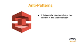 Anti-Patterns
● If data can be transferred over the
Internet in less than one week
 