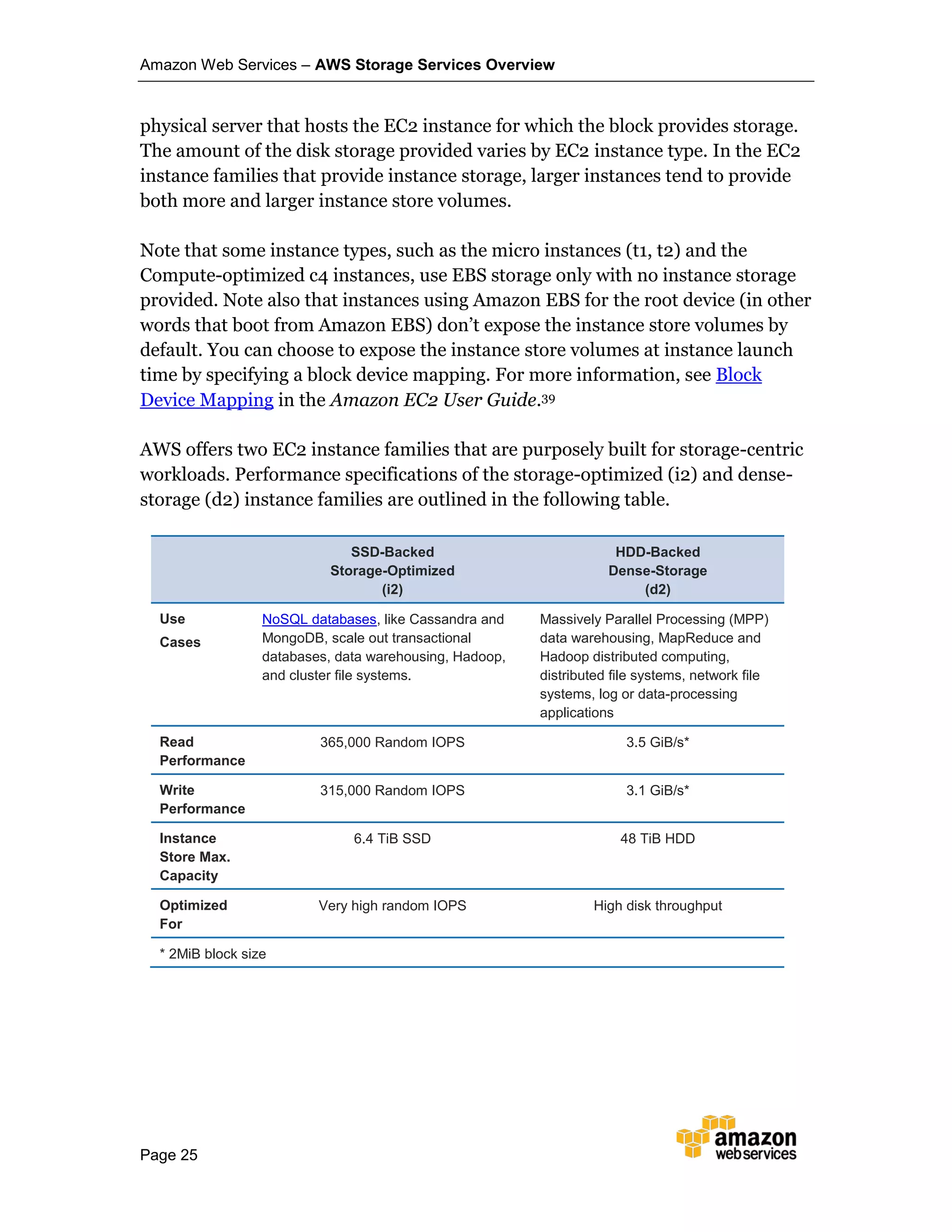 Amazon Web Services – AWS Storage Services Overview
Page 25
physical server that hosts the EC2 instance for which the block provides storage.
The amount of the disk storage provided varies by EC2 instance type. In the EC2
instance families that provide instance storage, larger instances tend to provide
both more and larger instance store volumes.
Note that some instance types, such as the micro instances (t1, t2) and the
Compute-optimized c4 instances, use EBS storage only with no instance storage
provided. Note also that instances using Amazon EBS for the root device (in other
words that boot from Amazon EBS) don’t expose the instance store volumes by
default. You can choose to expose the instance store volumes at instance launch
time by specifying a block device mapping. For more information, see Block
Device Mapping in the Amazon EC2 User Guide.39
AWS offers two EC2 instance families that are purposely built for storage-centric
workloads. Performance specifications of the storage-optimized (i2) and dense-
storage (d2) instance families are outlined in the following table.
SSD-Backed
Storage-Optimized
(i2)
HDD-Backed
Dense-Storage
(d2)
Use
Cases
NoSQL databases, like Cassandra and
MongoDB, scale out transactional
databases, data warehousing, Hadoop,
and cluster file systems.
Massively Parallel Processing (MPP)
data warehousing, MapReduce and
Hadoop distributed computing,
distributed file systems, network file
systems, log or data-processing
applications
Read
Performance
365,000 Random IOPS 3.5 GiB/s*
Write
Performance
315,000 Random IOPS 3.1 GiB/s*
Instance
Store Max.
Capacity
6.4 TiB SSD 48 TiB HDD
Optimized
For
Very high random IOPS High disk throughput
* 2MiB block size
 