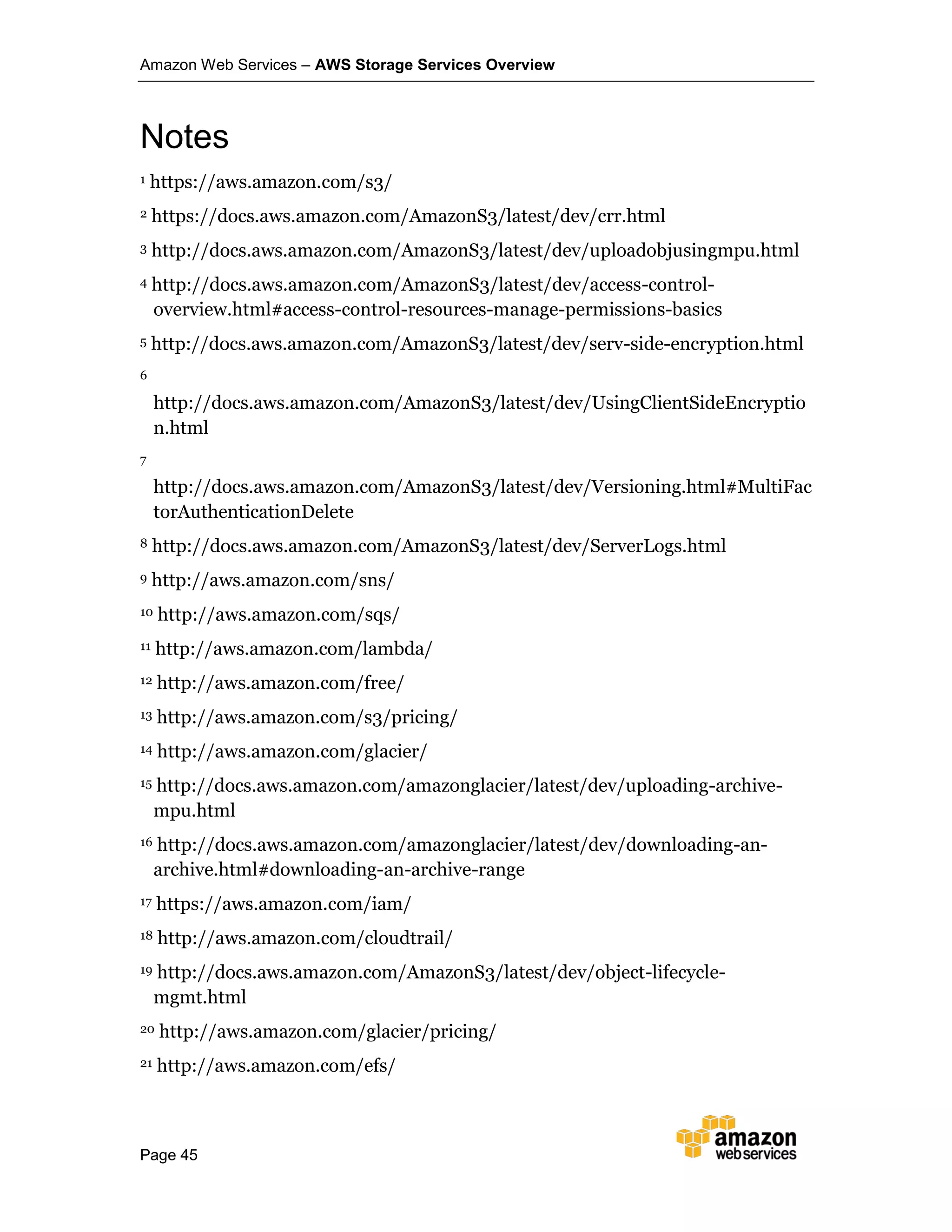 Amazon Web Services – AWS Storage Services Overview
Page 45
1 https://aws.amazon.com/s3/
2 https://docs.aws.amazon.com/AmazonS3/latest/dev/crr.html
3 http://docs.aws.amazon.com/AmazonS3/latest/dev/uploadobjusingmpu.html
4 http://docs.aws.amazon.com/AmazonS3/latest/dev/access-control-
overview.html#access-control-resources-manage-permissions-basics
5 http://docs.aws.amazon.com/AmazonS3/latest/dev/serv-side-encryption.html
6
http://docs.aws.amazon.com/AmazonS3/latest/dev/UsingClientSideEncryptio
n.html
7
http://docs.aws.amazon.com/AmazonS3/latest/dev/Versioning.html#MultiFac
torAuthenticationDelete
8 http://docs.aws.amazon.com/AmazonS3/latest/dev/ServerLogs.html
9 http://aws.amazon.com/sns/
10 http://aws.amazon.com/sqs/
11 http://aws.amazon.com/lambda/
12 http://aws.amazon.com/free/
13 http://aws.amazon.com/s3/pricing/
14 http://aws.amazon.com/glacier/
15 http://docs.aws.amazon.com/amazonglacier/latest/dev/uploading-archive-
mpu.html
16 http://docs.aws.amazon.com/amazonglacier/latest/dev/downloading-an-
archive.html#downloading-an-archive-range
17 https://aws.amazon.com/iam/
18 http://aws.amazon.com/cloudtrail/
19 http://docs.aws.amazon.com/AmazonS3/latest/dev/object-lifecycle-
mgmt.html
20 http://aws.amazon.com/glacier/pricing/
21 http://aws.amazon.com/efs/
Notes
 
