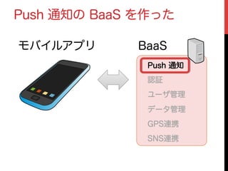 Push 通知
認証
ユーザ管理
データ管理
GPS連携
SNS連携
BaaSモバイルアプリ
Push 通知の BaaS を作った
 