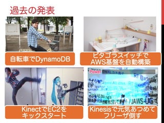 過去の発表
自転車でDynamoDB
ピタゴラスイッチで
AWS基盤を自動構築
KinectでEC2を
キックスタート
Kinesisで元気あつめて
フリーザ倒す
 