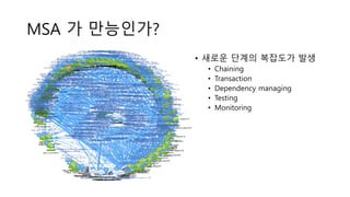 MSA 가 만능인가?
• 새로운 단계의 복잡도가 발생
• Chaining
• Transaction
• Dependency managing
• Testing
• Monitoring
 