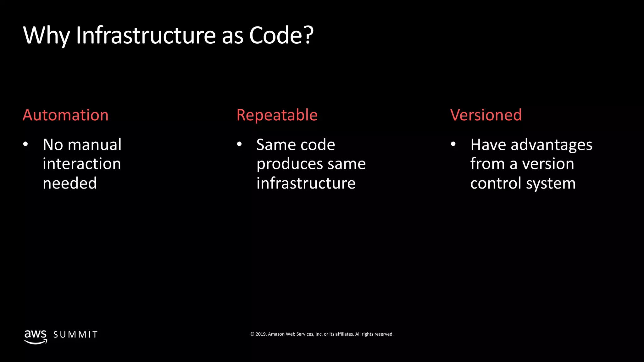 © 2019, Amazon Web Services, Inc. or its affiliates. All rights reserved.S U M M I T
Why Infrastructure as Code?
RepeatableAutomation Versioned
 