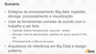 Sumário
• Estágios de processamento Big data: ingestão,
storage, processamento e visualização
• Usar as ferramentas corretas de acordo com o
trabalho a ser feito
– Ingestão: Dados transacionais, arquivos, stream
– Storage: nível de estruturação, padrões de query, quente X frio,
etc.
– Processamento: Latência de query
• Arquitetura de referência em Big Data e design
patterns
 