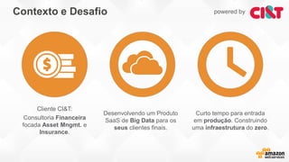Contexto e Desafio powered by
Cliente CI&T:
Consultoria Financeira
focada Asset Mngmt. e
Insurance.
Desenvolvendo um Produto
SaaS de Big Data para os
seus clientes finais.
Curto tempo para entrada
em produção. Construindo
uma infraestrutura do zero.
 