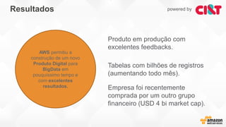 AWS permitiu a
construção de um novo
Produto Digital para
BigData em
pouquíssimo tempo e
com excelentes
resultados.
Produto em produção com
excelentes feedbacks.
Resultados powered by
Tabelas com bilhões de registros
(aumentando todo mês).
Empresa foi recentemente
comprada por um outro grupo
financeiro (USD 4 bi market cap).
 