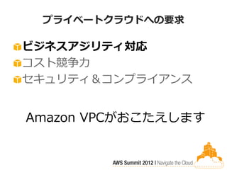 プライベートクラウドへの要求

ビジネスアジリティ対応
コスト競争力
セキュリティ＆コンプライアンス


Amazon VPCがおこたえします
 