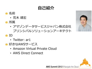自己紹介
名前
 • 荒木 靖宏
所属
 • アマゾンデータサービスジャパン株式会社
   プリンシパルソリューションアーキテクト
ID
 • Twitter: ar1
好きなAWSサービス
 • Amazon Virtual Private Cloud
 • AWS Direct Connect
 