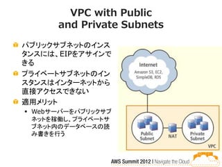 VPC with Public
      and Private Subnets
パブリックサブネットのインス
タンスには、EIPをアサインで
きる
プライベートサブネットのイン
スタンスはインターネットから
直接アクセスできない
適用メリット
 Webサーバーをパブリックサブ
  ネットを稼働し、プライベートサ
  ブネット内のデータベースの読
  み書きを行う
 