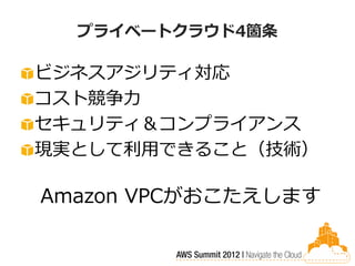 プライベートクラウド4箇条

ビジネスアジリティ対応
コスト競争力
セキュリティ＆コンプライアンス
現実として利用できること（技術）

Amazon VPCがおこたえします
 