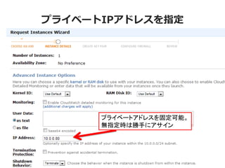 プライベートIPアドレスを指定




      プライベートアドレスを固定可能。
      無指定時は勝手にアサイン
 