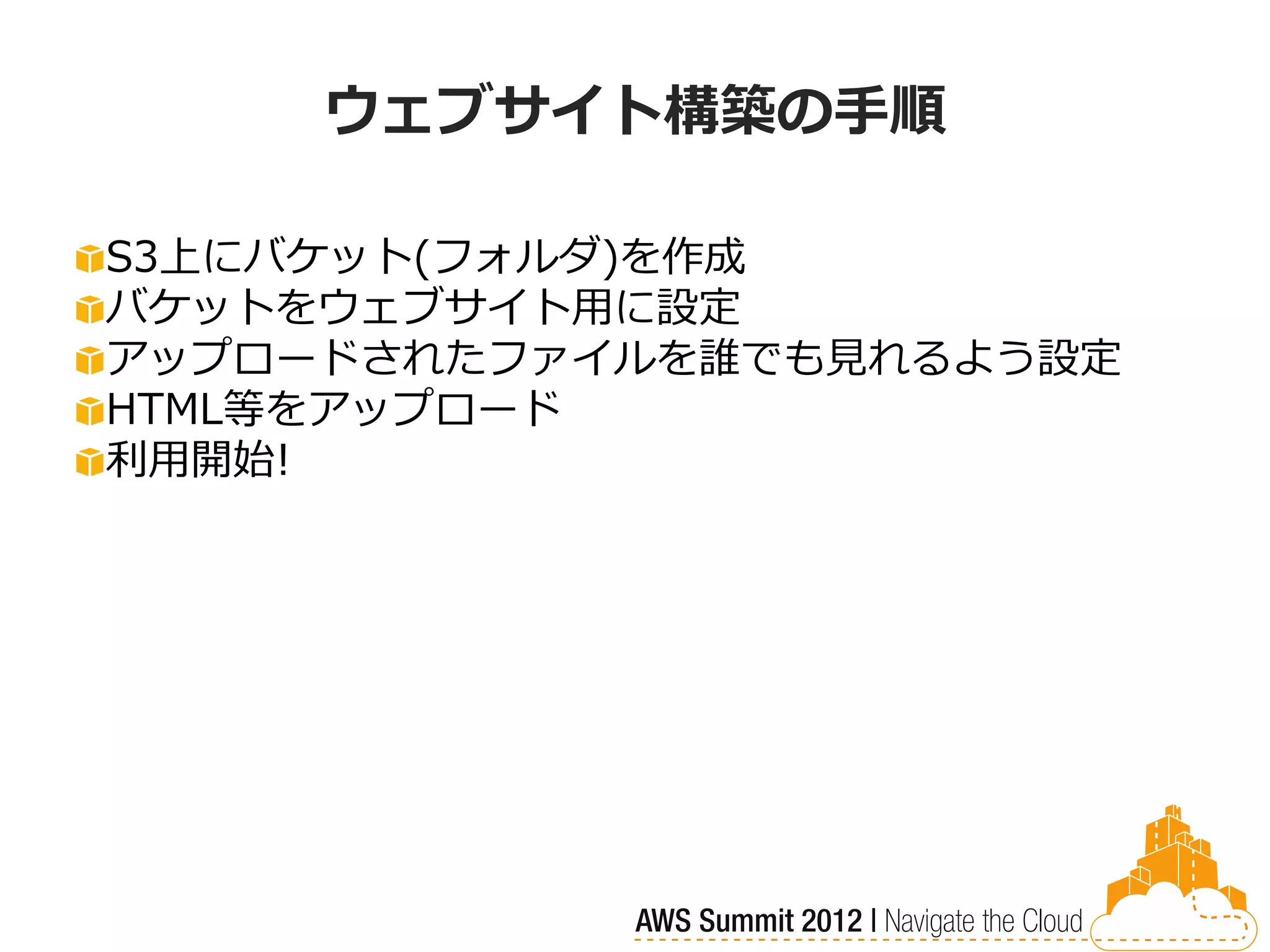 ウェブサイト構築の手順

S3上にバケット(フォルダ)を作成
バケットをウェブサイト用に設定
アップロードされたファイルを誰でも見れるよう設定
HTML等をアップロード
利用開始!
 