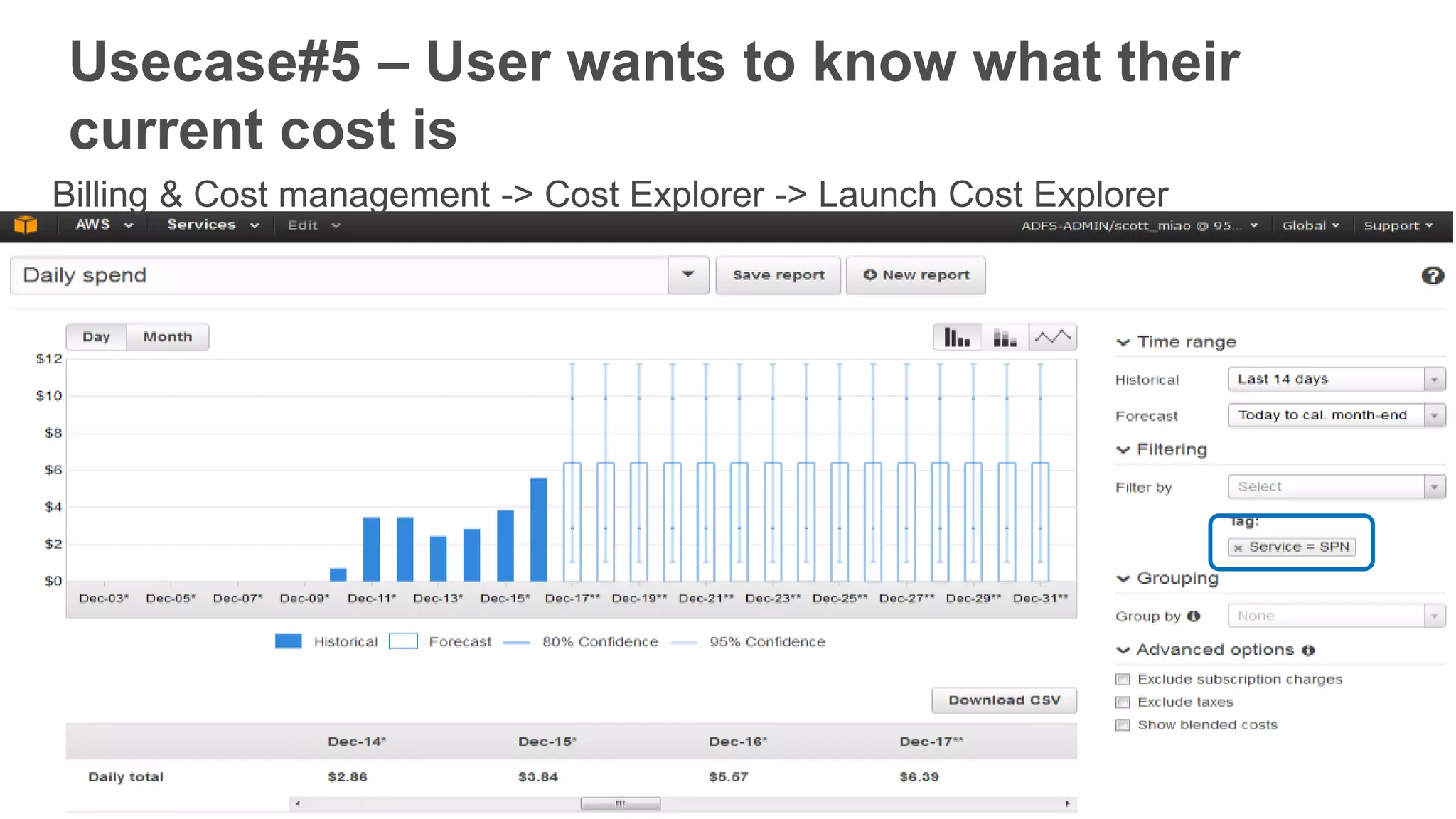 Usecase#5 – User wants to know what their
current cost is
Billing & Cost management -> Cost Explorer -> Launch Cost Explorer
 