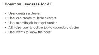 Common usecases for AE
• User creates a cluster
• User can create multiple clusters
• User submits job to target cluster
• AE helps user to deliver job to secondary cluster
• User wants to know their cost
 