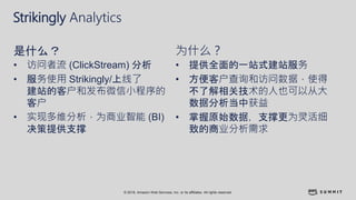 © 2018, Amazon Web Services, Inc. or its affiliates. All rights reserved.
Strikingly Analytics
• 访问者流 (ClickStream) 分析
• 服务使用 Strikingly/上线了
建站的客户和发布微信小程序的
客户
• 实现多维分析，为商业智能 (BI)
决策提供支撑
是什么？
• 提供全面的一站式建站服务
• 方便客户查询和访问数据，使得
不了解相关技术的人也可以从大
数据分析当中获益
• 掌握原始数据，支撑更为灵活细
致的商业分析需求
为什么？
 