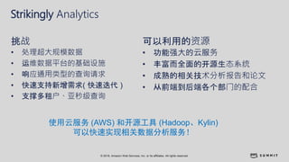 © 2018, Amazon Web Services, Inc. or its affiliates. All rights reserved.
Strikingly Analytics
• 处理超大规模数据
• 运维数据平台的基础设施
• 响应通用类型的查询请求
• 快速支持新增需求( 快速迭代 )
• 支撑多租户、亚秒级查询
挑战
• 功能强大的云服务
• 丰富而全面的开源生态系统
• 成熟的相关技术分析报告和论文
• 从前端到后端各个部门的配合
可以利用的资源
使用云服务 (AWS) 和开源工具 (Hadoop、Kylin)
可以快速实现相关数据分析服务！
 