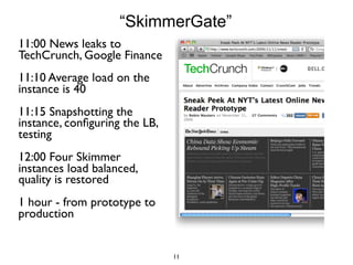 “SkimmerGate”
11:00 News leaks to
TechCrunch, Google Finance
11:10 Average load on the
instance is 40
11:15 Snapshotting the
instance, conﬁguring the LB,
testing
12:00 Four Skimmer
instances load balanced,
quality is restored
1 hour - from prototype to
production


                               11
 
