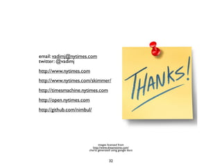 email: vadimj@nytimes.com
twitter: @vadimj
http://www.nytimes.com
http://www.nytimes.com/skimmer/
http://timesmachine.nytimes.com
http://open.nytimes.com
http://github.com/nimbul/




                              images licensed from
                          http://www.dreamstime.com/
                       charts generated using google docs


                                      32
 