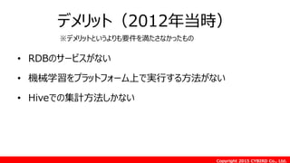 Copyright 2015 CYBIRD Co., Ltd.
デメリット（2012年当時）
• RDBのサービスがない
• 機械学習をプラットフォーム上で実行する方法がない
• Hiveでの集計方法しかない
※デメリットというよりも要件を満たさなかったもの
 