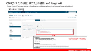 Copyright 2015 CYBIRD Co., Ltd.
CDH(5.3.0)で検証（EC2上に構築、m3.large×4）
Percel: http://archive-primary.cloudera.com/cloudera-labs/hive-on-spark/parcels/latest/
[S3のアクセス設定]
<property>
<name>fs.s3n.awsAccessKeyId</name>
<value>XXXXXXXXXXXXXXXXXXXX</value>
</property>
<property>
<name>fs.s3n.awsSecretAccessKey</name>
<value>XXXXXXXXXXXXXXXXXXXXXXXXXXXXXXXXXXXXXXXX</value>
</property>
S3の認証キーを設定
 