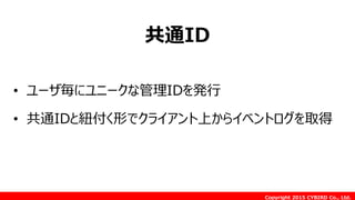 Copyright 2015 CYBIRD Co., Ltd.
共通ID
• ユーザ毎にユニークな管理IDを発行
• 共通IDと紐付く形でクライアント上からイベントログを取得
 