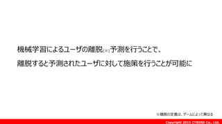 Copyright 2015 CYBIRD Co., Ltd.
機械学習によるユーザの離脱(※)予測を行うことで、
離脱すると予測されたユーザに対して施策を行うことが可能に
※離脱の定義は、ゲームによって異なる
 