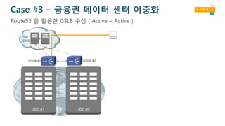 Case #3 – 금융권 데이터 센터 이중화
IDC #1 IDC #2
ISP
DNS
GSLB #1 GSLB #2
Route53 을 활용한 GSLB 구성 ( Active – Active )
 