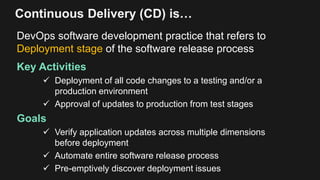 Continuous Delivery (CD) is…
DevOps software development practice that refers to
Deployment stage of the software release process
Key Activities
 Deployment of all code changes to a testing and/or a
production environment
 Approval of updates to production from test stages
Goals
 Verify application updates across multiple dimensions
before deployment
 Automate entire software release process
 Pre-emptively discover deployment issues
 