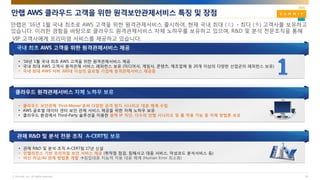 © AhnLab, Inc. All rights reserved.
안랩 AWS 클라우드 고객을 위한 원격보안관제서비스 특징 및 장점
20
• 클라우드 보안관제 ‘First-Mover’로써 다양한 공격 탐지 시나리오 대응 체계 수립
• AWS 글로벌 데이터 센터 보안 관제 서비스 제공을 위한 자체 노하우 보유
• 클라우드 환경에서 Third-Party 솔루션을 이용한 블랙 IP 차단, 다수의 안랩 시나리오 및 룰 적용 가능 등 자체 방법론 보유
• ’16년 1월 국내 최초 AWS 고객을 위한 원격관제서비스 제공
• 국내 최대 AWS 고객사 원격관제 서비스 레퍼런스 보유 (미디어사, 게임사, 콘텐츠, 제조업체 등 20개 이상의 다양한 산업군의 레퍼런스 보유)
• 국내 최대 AWS 서버 300대 이상의 글로벌 기업에 원격관제서비스 제공중
• 관제 R&D 및 분석 조직 A-CERT팀 17년 신설
• 인텔리전스 기반 프리미엄 보안 서비스 제공 (취약점 점검, 침해사고 대응 서비스, 악성코드 분석서비스 등)
• 머신 러닝/AI 관제 방법론 개발 침입대응 지능적 자동 대응 체계 (Human Error 최소화)
안랩은 ’16년 1월 국내 최초로 AWS 고객을 위한 원격관제서비스 출시하여, 현재 국내 최대 (大) ㆍ최다 (多) 고객사를 보유하고
있습니다. 이러한 경험을 바탕으로 클라우드 원격관제서비스 자체 노하우를 보유하고 있으며, R&D 및 분석 전문조직을 통해
VIP 고객사에게 프리미엄 서비스를 제공하고 있습니다.
 