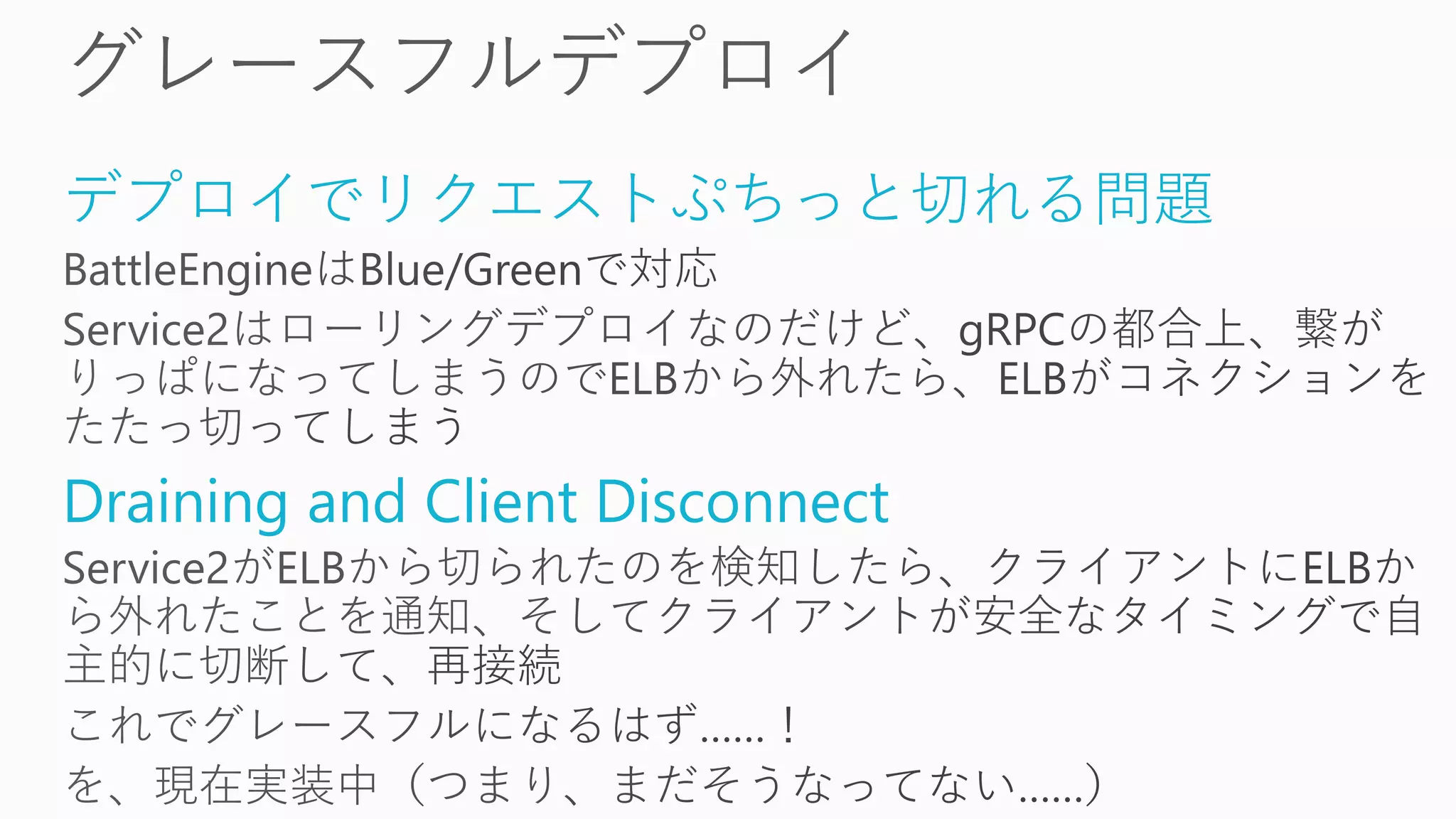 デプロイでリクエストぷちっと切れる問題
Draining and Client Disconnect
 