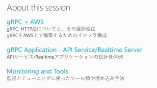 gRPC + AWS
gRPC Application - API Service/Realtime Server
Monitoring and Tools
 