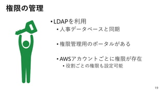 権限の管理
19
•LDAPを利用
• 人事データベースと同期
• 権限管理用のポータルがある
• AWSアカウントごとに権限が存在
• 役割ごとの権限も設定可能
 