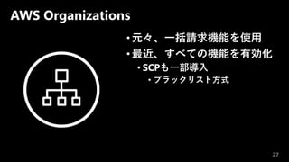 AWS Organizations
•元々、一括請求機能を使用
•最近、すべての機能を有効化
• SCPも一部導入
• ブラックリスト方式
27
 