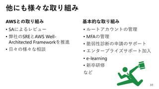 他にも様々な取り組み
• SAによるレビュー
• 弊社のSREとAWS Well-
Architected Frameworkを推進
• 日々の様々な相談
31
• ルートアカウントの管理
• MFAの管理
• 脆弱性診断の申請のサポート
• エンタープライズサポート加入
• e-learning
• 新卒研修
など
AWSとの取り組み 基本的な取り組み
 
