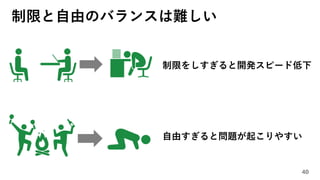 制限と自由のバランスは難しい
40
自由すぎると問題が起こりやすい
制限をしすぎると開発スピード低下
 