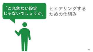 43
「これ危ない設定
じゃないでしょうか」
とヒアリングする
ための仕組み
 